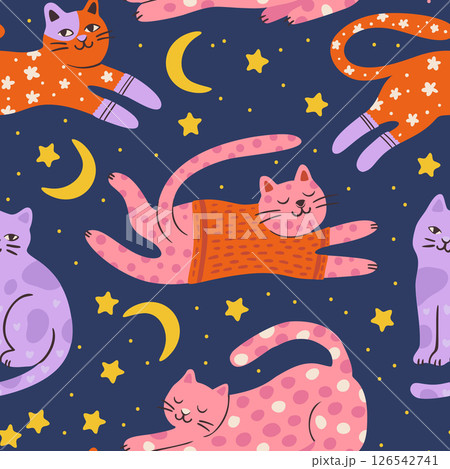 Whimsical Cat Cute Pet Seamless Moon Star Pattern Background Vector Flat Quirky Dreamy Animal Pajama Print 126542741
