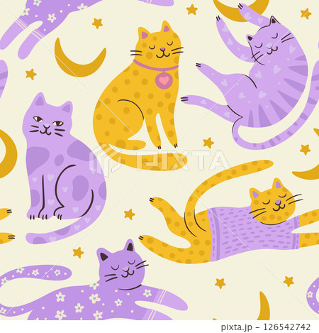 Whimsical Cat Cute Pet Seamless Pattern Star Moon Good Night Background Vector Flat Quirky Dreamy Animal 126542742