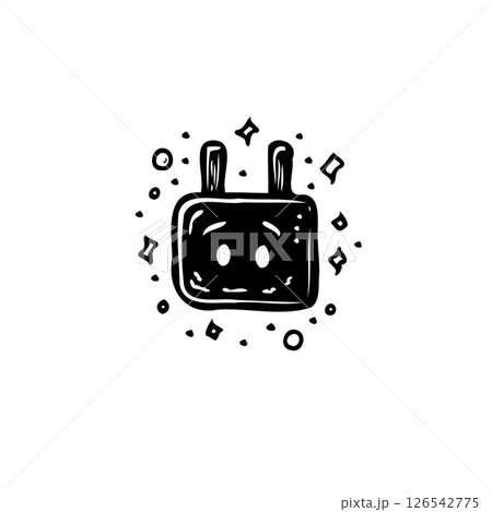 Whimsical cartoon of a rectangular face with rounded features and floating confetti 126542775