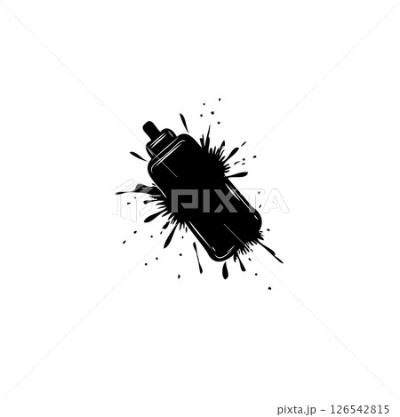 Stylized black ink bottle illustration against an exploding splatter design 126542815
