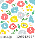 ボタニカル北欧風の花柄と植物のイラストパターン 126542957