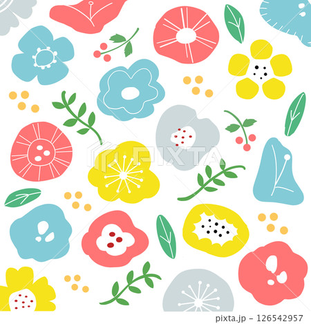ボタニカル北欧風の花柄と植物のイラストパターン 126542957