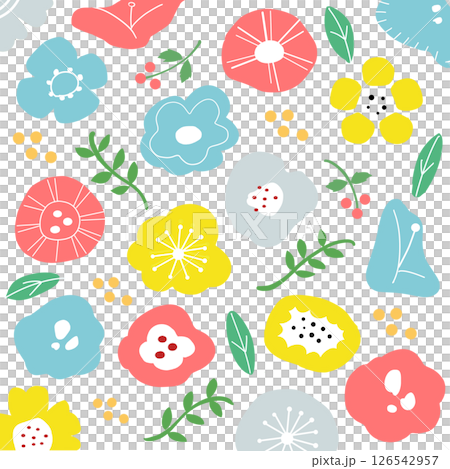 ボタニカル北欧風の花柄と植物のイラストパターン 126542957