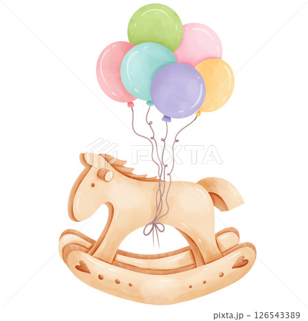 Hand drawn watercolor birthday theme rocking horse and balloons Hand drawn watercolor birthday theme rocking horse and balloons 126543389
