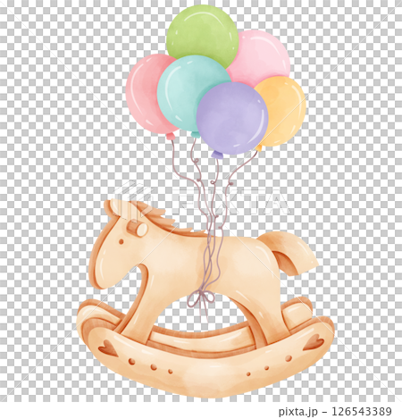 Hand drawn watercolor birthday theme rocking horse and balloons Hand drawn watercolor birthday theme rocking horse and balloons 126543389