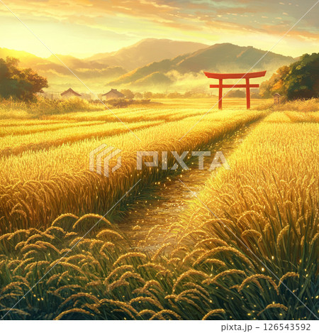 稲穂の道を進んだ先に祈りの鳥居が待つ風景 126543592