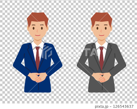 一名留著短髮的年輕人雙手緊握在胸前站著。西裝上身 126543637