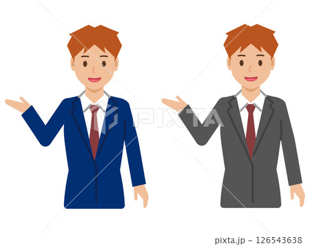 「こちらへ」と笑顔のショートヘアの若い男性。スーツ姿の上半身 「こちらへ」と笑顔のショートヘアの若い男性。スーツ姿の上半身 126543638