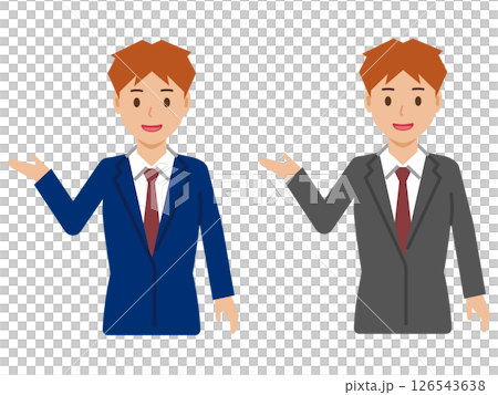 A young man with short hair and a smile saying "Come this way." Upper body in a suit 126543638