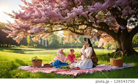 happy family in a picnic basket at the park 126543750