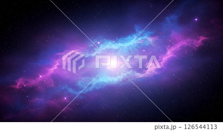 A bright blue-pink nebula shines brightly in space. 126544113
