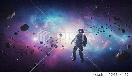 An astronaut drifts alone in a nebula. 126544157