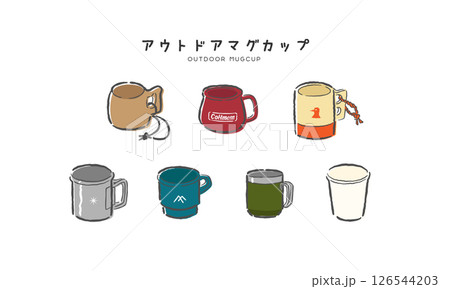 キャンプ／登山／アウトドア用のいろいろなマグカップ、コップの手描き風のかわいいイラストセット 126544203