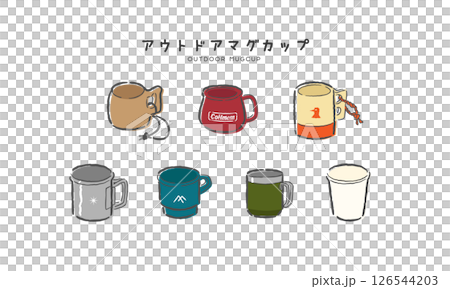キャンプ／登山／アウトドア用のいろいろなマグカップ、コップの手描き風のかわいいイラストセット 126544203