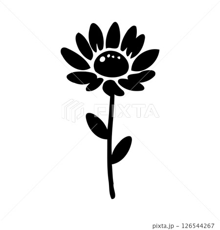 Stylized monochrome floral graphic illustration with simple petals and stem Stylized monochrome floral graphic illustration with simple petals and stem 126544267