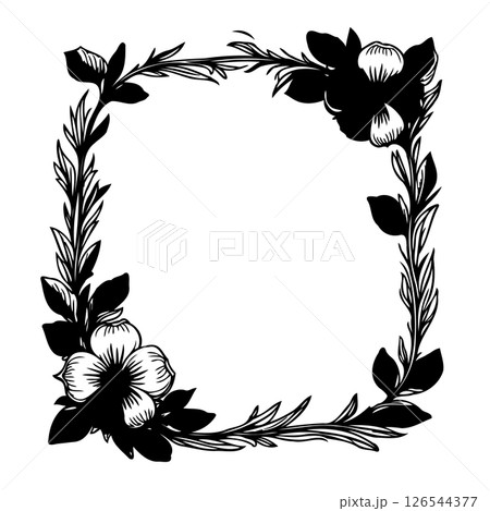 Elegant Floral Frame: A Decorative Border of Botanical Elements in Black and White 126544377