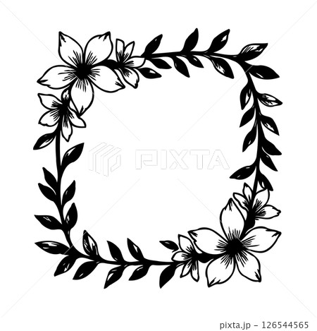 Elegant floral square frame with intricate botanical details in monochrome 126544565
