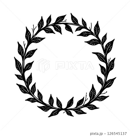 Botanical leaf wreath illustration in bold black strokes for design embellishments 126545137