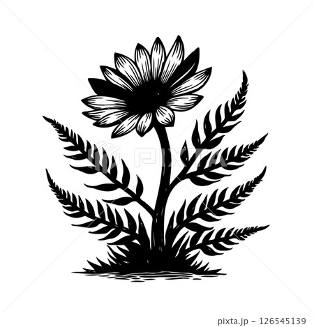 Intricate botanical illustration showcasing a stylized flower with detailed leaves Intricate botanical illustration showcasing a stylized flower with detailed leaves 126545139