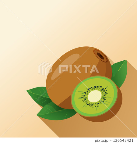 Juicy green kiwi with smooth brown skin and detailed seeds, arranged artistically with leaf accents on a soft background. Juicy green kiwi with smooth brown skin and detailed seeds, arranged artistically with leaf accents on a soft background. 126545421