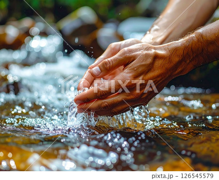 清潔な川の水をすくう両手のアップ画像 清潔な川の水をすくう両手のアップ画像 126545579