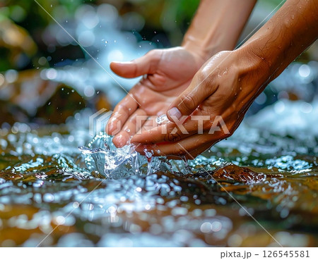 清潔な川の水をすくう両手のアップ画像 清潔な川の水をすくう両手のアップ画像 126545581