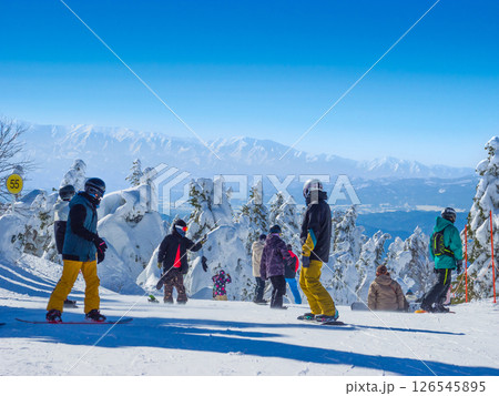 快晴の樹氷原を楽しむ沢山のスノーボーダー (山形県、蔵王温泉スキー場、樹氷原コース) 快晴の樹氷原を楽しむ沢山のスノーボーダー (山形県、蔵王温泉スキー場、樹氷原コース) 126545895