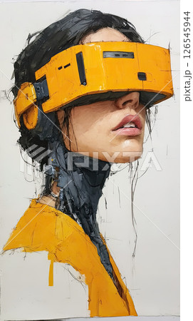 Woman portrait yellow headset futuristic mechanical watercolor digital sci fi technology Woman portrait yellow headset futuristic mechanical watercolor digital sci fi technology 126545944