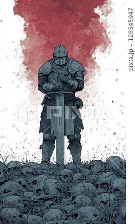 Knight, armor, sword, battlefield, skull knight armor stands solemnly with sword battlefield 126545947