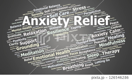 Anxiety Relief Word Cloud. Visual representation of mindfulness, calm, and emotional support Anxiety Relief Word Cloud. Visual representation of mindfulness, calm, and emotional support 126546286