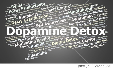 Dopamine Detox Word Cloud. Focused terms on digital detox, brain reset, and self-control Dopamine Detox Word Cloud. Focused terms on digital detox, brain reset, and self-control 126546288