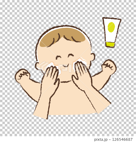 Illustration of a baby applying moisturizing cream to his face 126546687