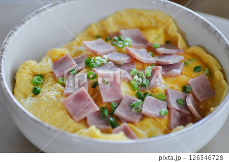 creamy omelet or omelet or omelette or fried egg with ham and green onion creamy omelet or omelet or omelette or fried egg with ham and green onion 126546728