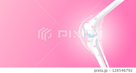 Leg bones and knee joint side healthy on pink background. Collagen serum line hexagon connecting surround care bone cartilage. Human skeleton anatomy with copy space for text. Realistic 3D vector. 126546792