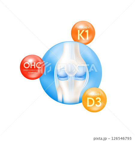 Leg bone knee cartilage human skeleton anatomy. Vitamin D3, K1 and Ossein hydroxyapatite complex extracted from bovine bones help treat osteoporosis. Medical concepts. 3D Vector. 126546793
