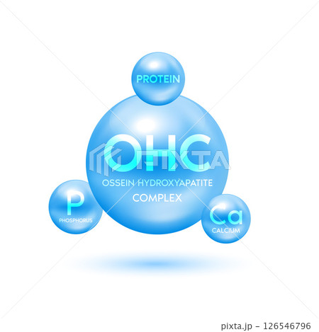 Ossein hydroxyapatite complex Natural nutrients extracted from bovine bones. Calcium phosphorus minerals and protein help treat osteoporosis. Food supplement bone joints. Medical concepts. 3D Vector. Ossein hydroxyapatite complex Natural nutrients extracted from bovine bones. Calcium phosphorus minerals and protein help treat osteoporosis. Food supplement bone joints. Medical concepts. 3D Vector. 126546796