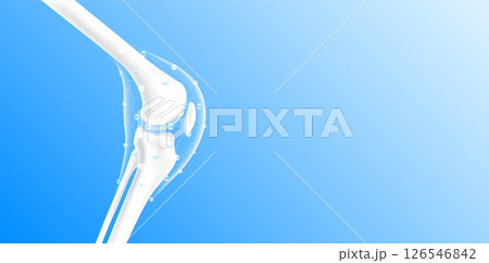Leg bones and knee joint side with copy space for text. Collagen vitamins bubble and calcium line hexagon connecting surround care bone cartilage. Healthy human skeleton anatomy. Realistic 3D vector. Leg bones and knee joint side with copy space for text. Collagen vitamins bubble and calcium line hexagon connecting surround care bone cartilage. Healthy human skeleton anatomy. Realistic 3D vector. 126546842