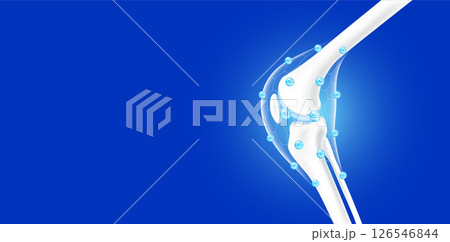 Leg bones and knee joint side healthy. Collagen and calcium line hexagon connecting surround care bone cartilage. Human skeleton anatomy with copy space for text. Realistic 3D vector. 126546844