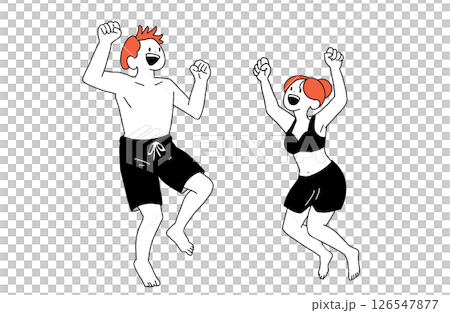 Illustration of men and women jumping in swimsuits (summer, sea) 126547877