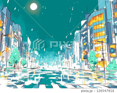無人の都会で降りしきる雨、背景、イラスト、素材、人物なし、無人風景 126547918