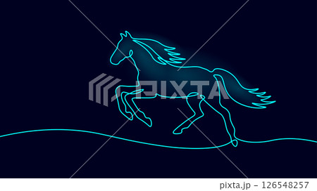 Black horse jumps gracefully. Mane tail and legs detailed with smooth continuous line. Simple line art style with plain blue background vector illustration. 126548257