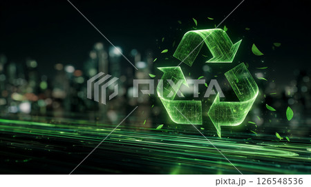 未来都市を背景にした光る緑のリサイクルシンボル 未来都市を背景にした光る緑のリサイクルシンボル 126548536
