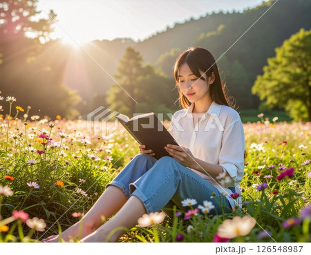コスモス畑で読書にふける女性の写真素材 126548987