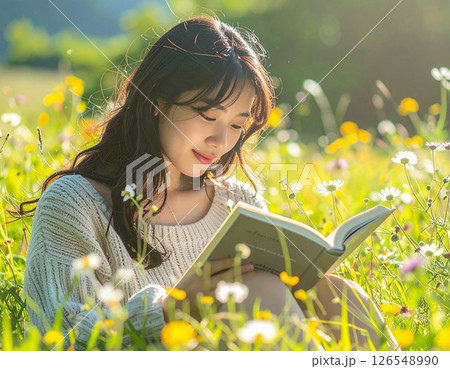 花咲く草原で読書にふける女性の写真素材 126548990