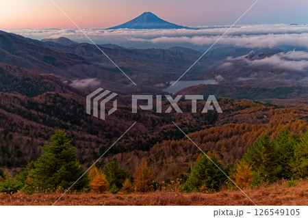 大菩薩嶺から見る未明の富士山と大菩薩湖 126549105