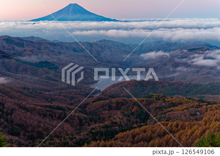 大菩薩嶺から見る未明の富士山と大菩薩湖 126549106