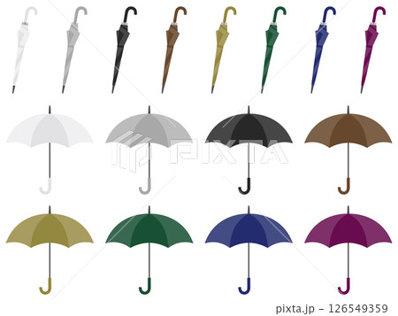 閉じた傘と開いた傘のシンプルイラスト シックな8カラーセット 閉じた傘と開いた傘のシンプルイラスト シックな8カラーセット 126549359