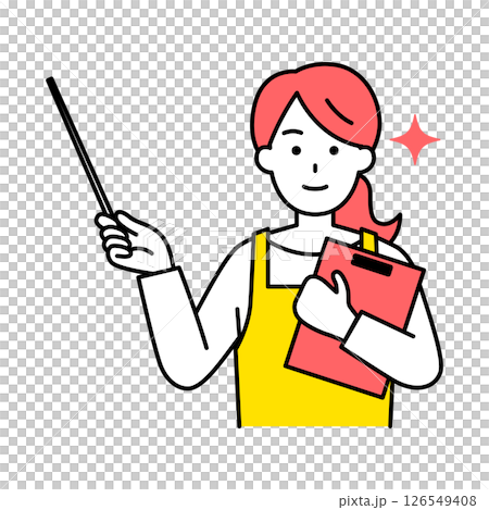 一位繫著圍裙的女士拿著剪貼板和教鞭進行解釋 一位繫著圍裙的女士拿著剪貼板和教鞭進行解釋 126549408