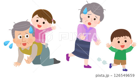 孫と遊んで疲れる高齢男性と高齢女性　イラスト 126549659