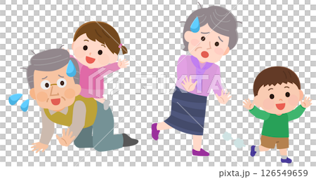 孫と遊んで疲れる高齢男性と高齢女性　イラスト 126549659